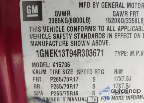 2004 Chevrolet Tahoe Z71 z USA, uszkodzony, nr VIN 1GNEK13T94R303671